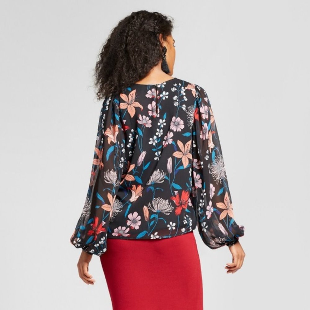 New WWW Black Floral Blouson Long Sleeve Blouse S - Picture 2 of 8